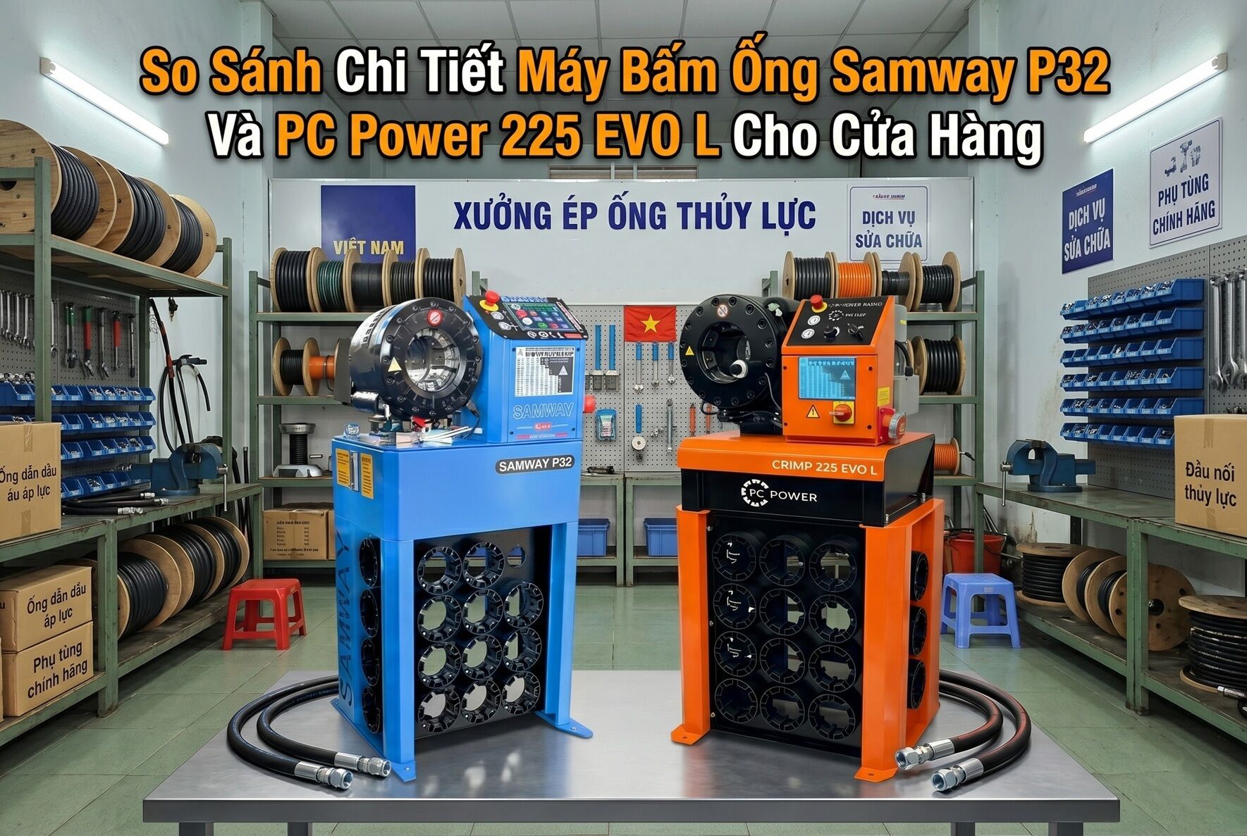 Detailed Comparison Samway P32 vs. PC Power 225 EVO L Hose Crimping Machines for Workshops