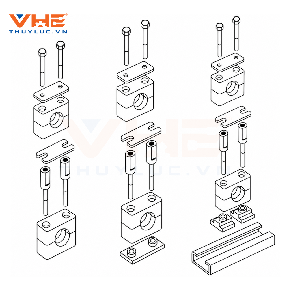 Sơ đồ cấu tạo các thành phần của một cụm kẹp tầng hạng nặng tiêu chuẩn