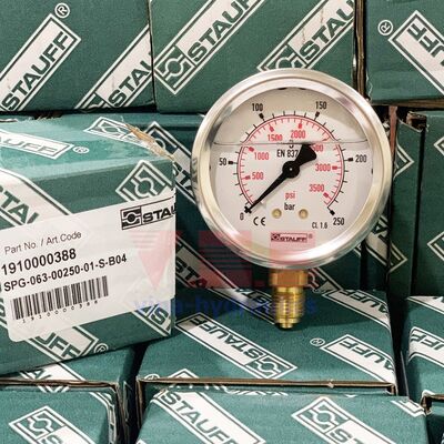 Đồng hồ đo áp suất D63, 250bar, chân đáy, Stauff, 1910000388, SPG-063-00250-01-S-B04