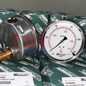 Đồng hồ dầu Stauff đo áp thủy lực phi 100mm, 250bar, cổng kết nối phía sau, 1910000565, SPG-100-00250-01-P-B08